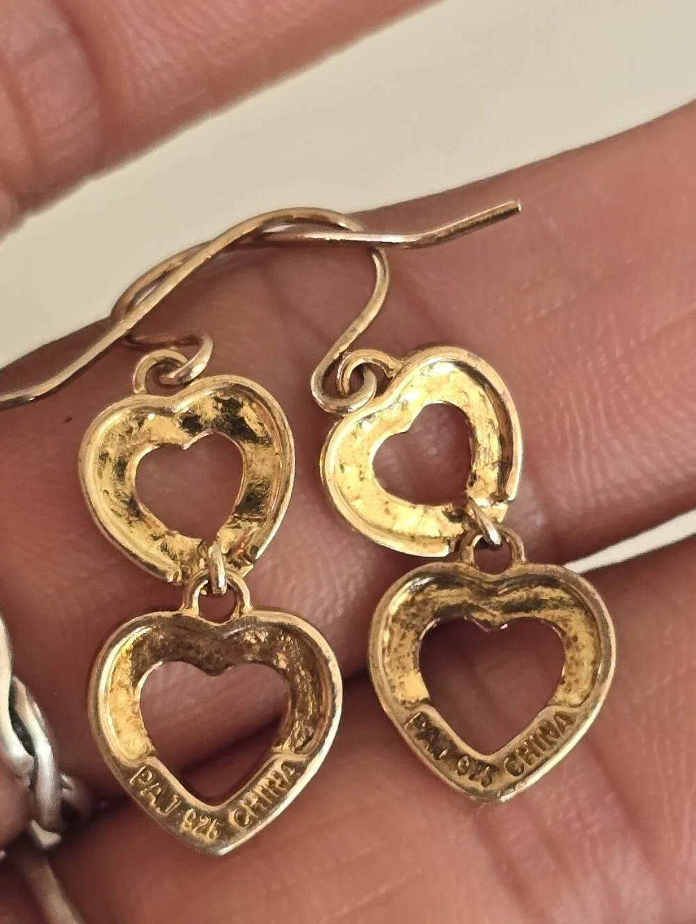 Fancy genuine diamond 925 sterling silver gold vermeil double heart dangle earri